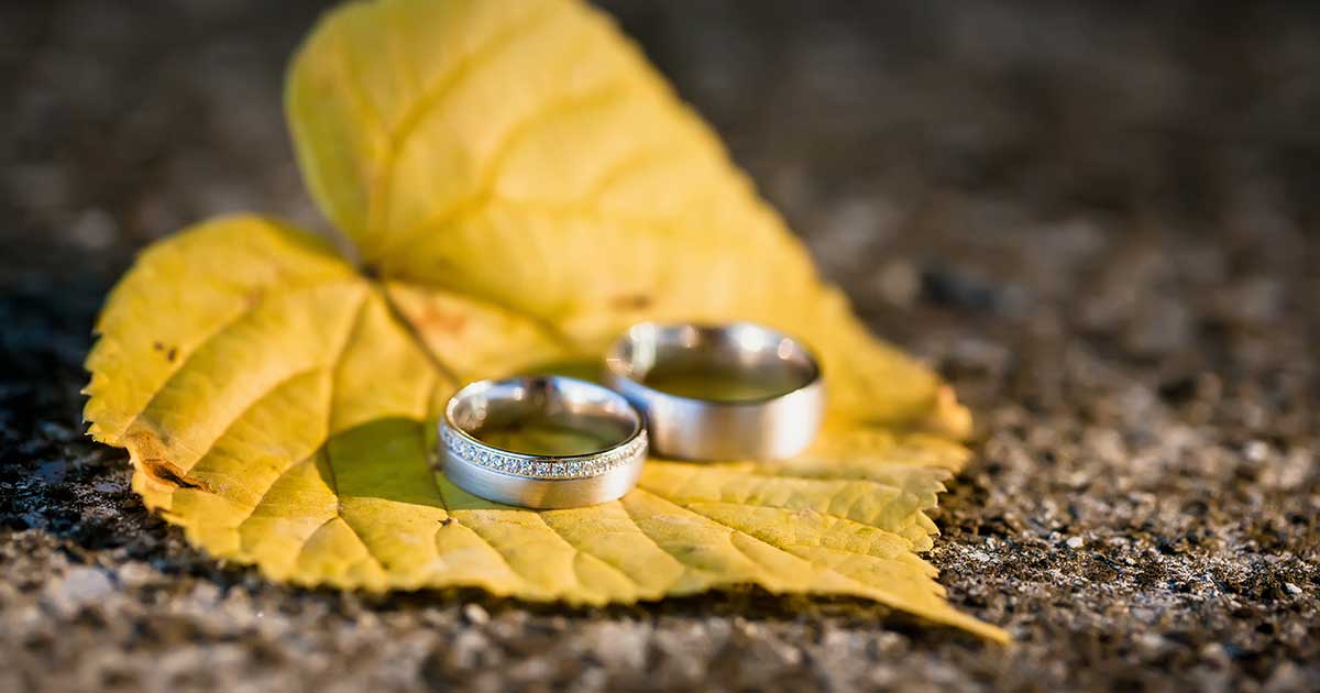 Zwei silberne Eheringe liegen auf einem gelben Herbstblatt auf Steinboden.