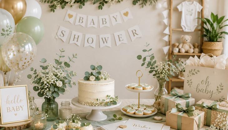 Liebevoll dekorierte Babyparty mit Geschenken, Ballons und festlich gedecktem Tisch