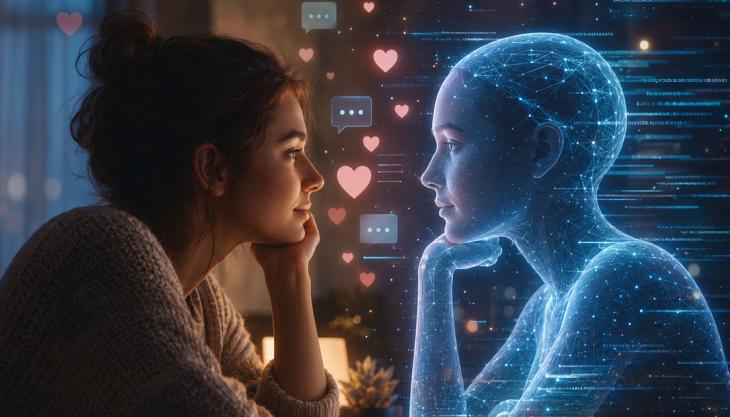Frau kommuniziert mit einer künstlichen Intelligenz und symbolisiert digitale Nähe und emotionale Bindungen durch KI.