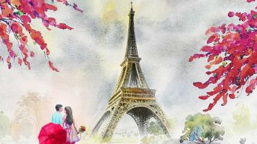 Bild vom Eifelturm in Paris mit verliebtem Paar