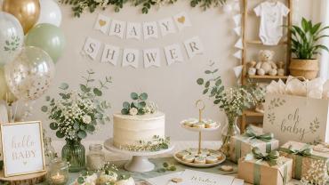 Liebevoll dekorierte Babyparty mit Geschenken, Ballons und festlich gedecktem Tisch
