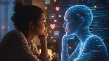 Frau kommuniziert mit einer künstlichen Intelligenz und symbolisiert digitale Nähe und emotionale Bindungen durch KI.