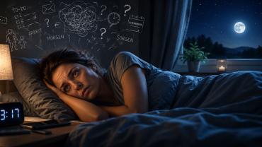 Frau liegt nachts wach im Bett und grübelt – Sinnbild für Stress und stressbedingte Schlafstörungen