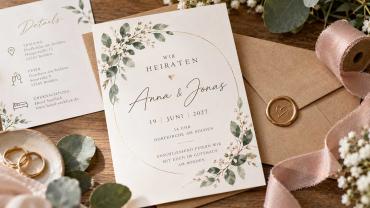 Elegante Hochzeitseinladung mit floralen Motiven, Eheringen, Umschlägen und rosafarbenem Seidenband auf einem Holztisch.