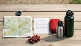 Packliste, Karte und Trinkflaschen für einen geplanten Familienausflug im Freien