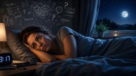 Frau liegt nachts wach im Bett und grübelt – Sinnbild für Stress und stressbedingte Schlafstörungen