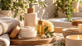 Natürliche Körperpflegeprodukte mit Creme, Pflegeöl, weichen Handtüchern und Kerzen in einem gemütlichen Badezimmer als Symbol für entspannende Pflegerituale und Selbstfürsorge.