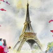 Bild vom Eifelturm in Paris mit verliebtem Paar