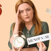 Frau mittleren Alters mit besorgtem Gesichtsausdruck, umgeben von Uhren, Tabletten und einem Schild mit dem Wort „Menopause“, Symbolbild für Wechseljahre