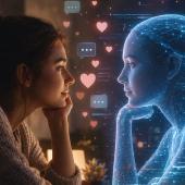 Frau kommuniziert mit einer künstlichen Intelligenz und symbolisiert digitale Nähe und emotionale Bindungen durch KI.