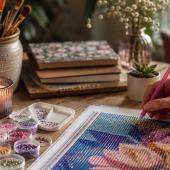 Gemütlicher Arbeitsplatz mit Diamond Painting, Bastelmaterial und dekorativen Elementen als Symbol für kreative Hobbys, Entspannung und Ausgleich im Alltag.
