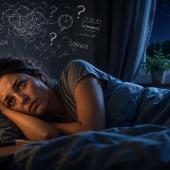 Frau liegt nachts wach im Bett und grübelt – Sinnbild für Stress und stressbedingte Schlafstörungen