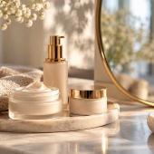 Elegante Hautpflegeprodukte mit Cremetiegeln, Blumen und goldenem Spiegel als Symbol für Schönheit, Selbstfürsorge und bewusstes Älterwerden.