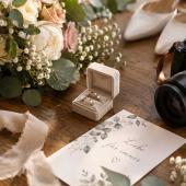 Hochzeitsdetails mit Kamera, Eheringen, Brautstrauß und Brautschuhen