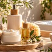 Natürliche Körperpflegeprodukte mit Creme, Pflegeöl, weichen Handtüchern und Kerzen in einem gemütlichen Badezimmer als Symbol für entspannende Pflegerituale und Selbstfürsorge.
